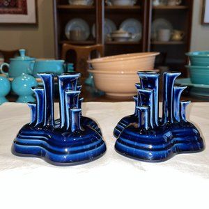 Fiestaware Candle Holder Set - Pyramid Art Deco Cobalt